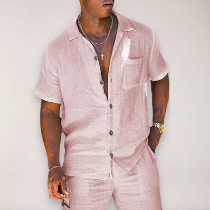 Comfortable men's relaxed summer co-ord set with a casual shirt and matching shorts, perfect for warm weather holidays.