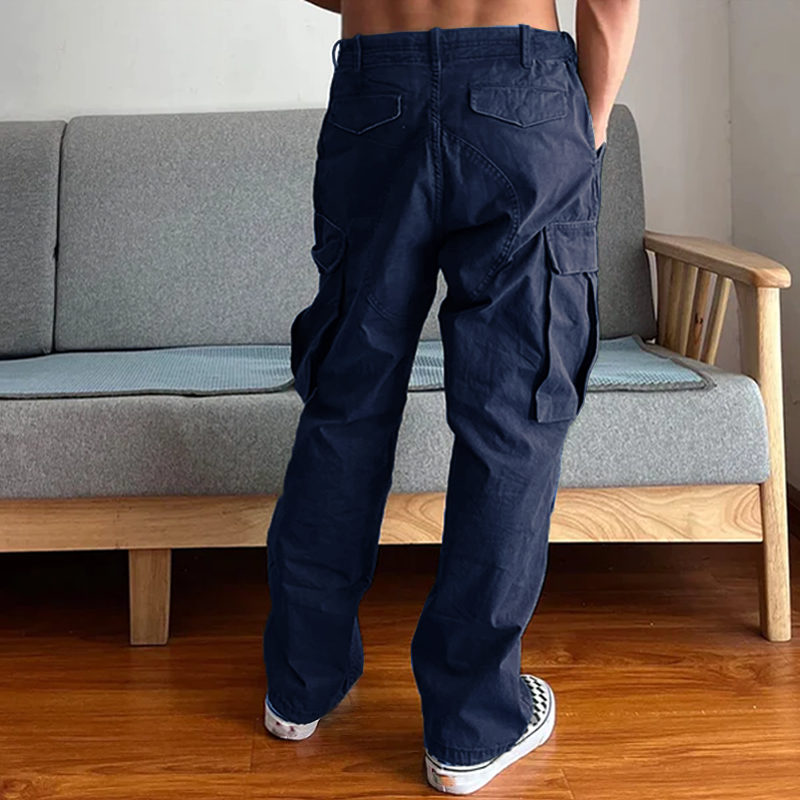 Side view: Men's relaxed fit washed chino cargo pants, highlighting utility pockets and casual everyday look.