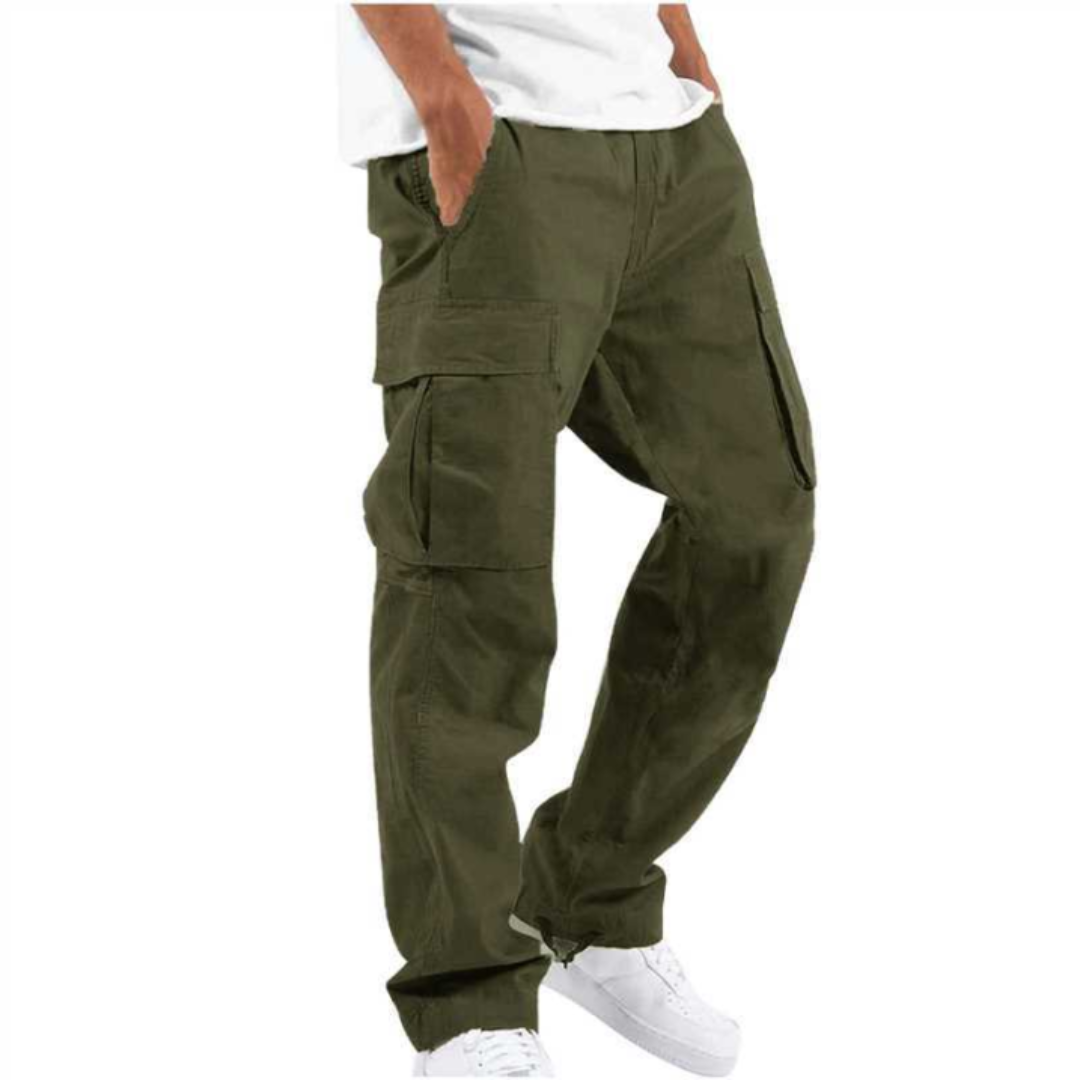 Men's multi-pocket wide leg cargo pants, relaxed fit, offering practical utility and a comfortable, trendy look.