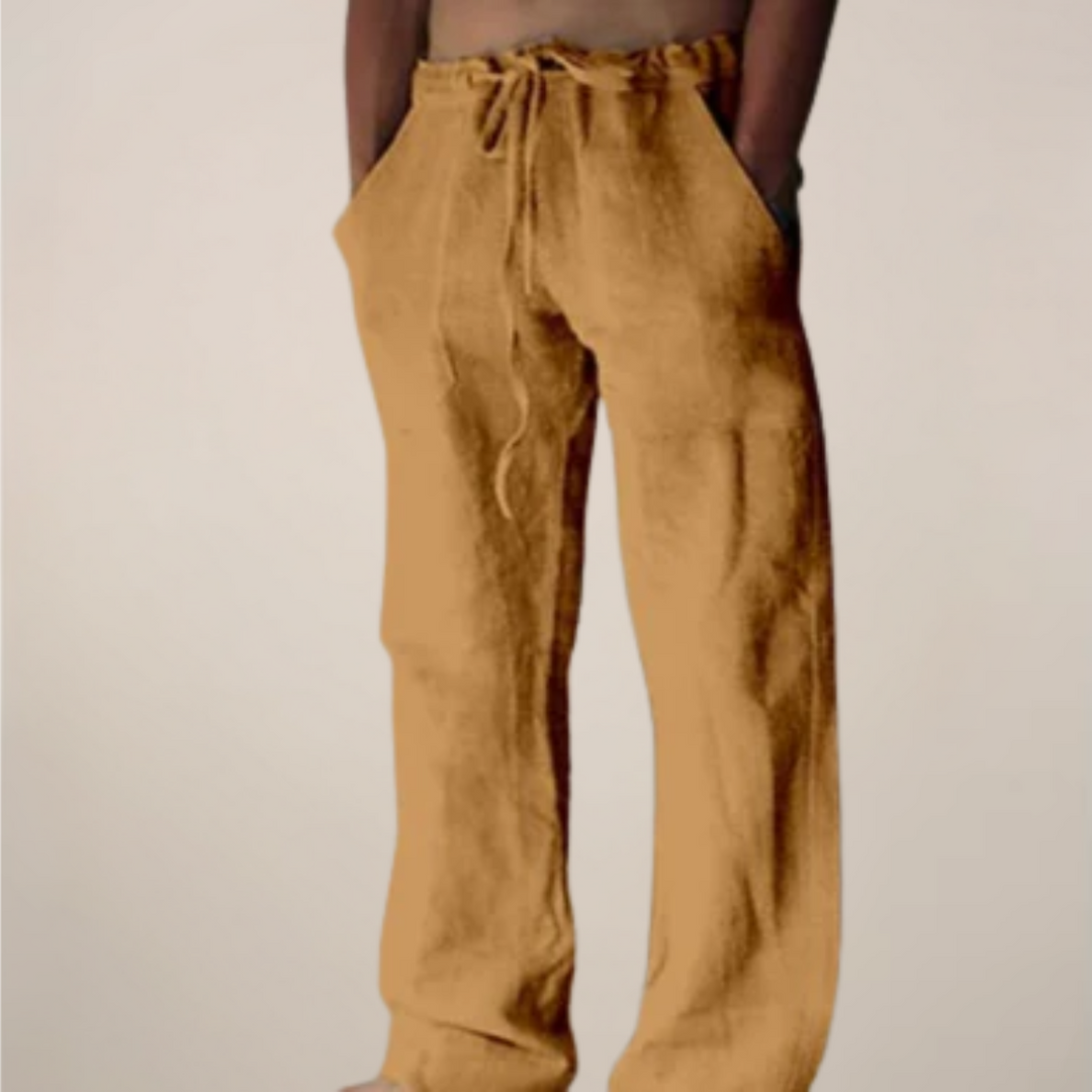 Men's summer wide leg trousers, relaxed fit, elastic waist, ideal for casual beachwear.