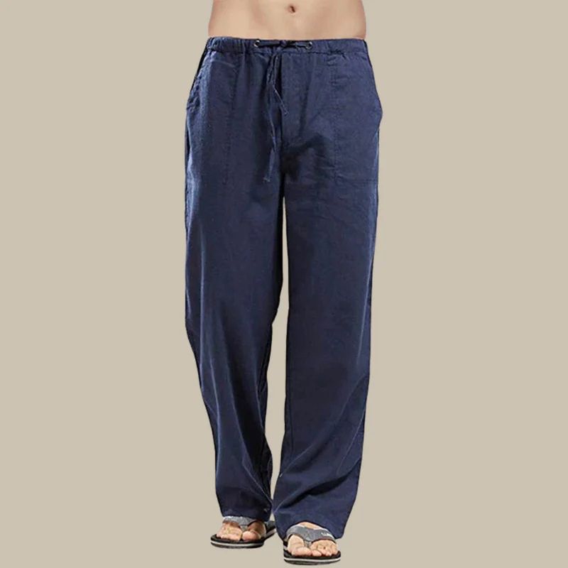 Comfortable men's casual drawstring summer pants, relaxed straight-cut, ideal for everyday warm weather.