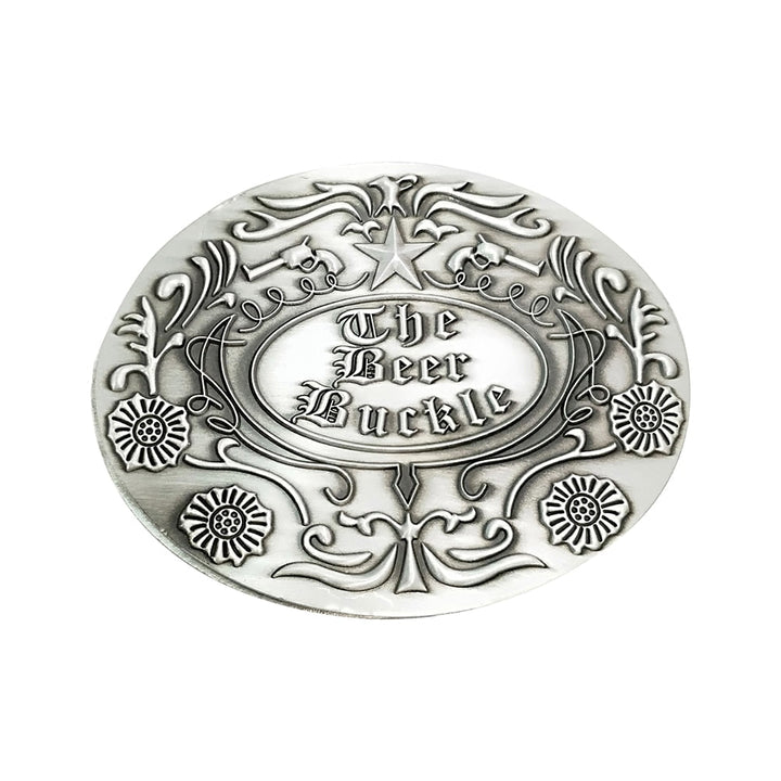 Men's hands-free retractable beer holder belt buckle, a fun party & festival accessory gadget.