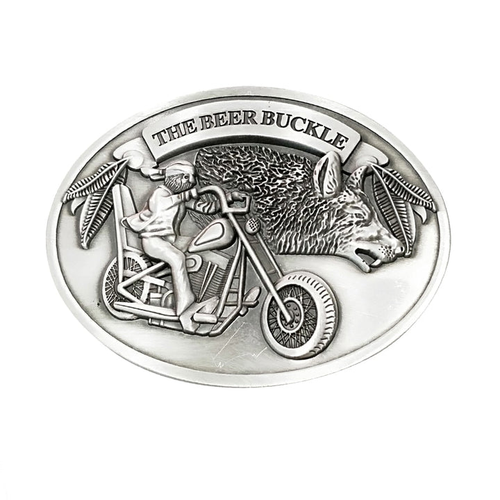 Men's retractable beer holder belt buckle in action, demonstrating hands-free drink carrying.
