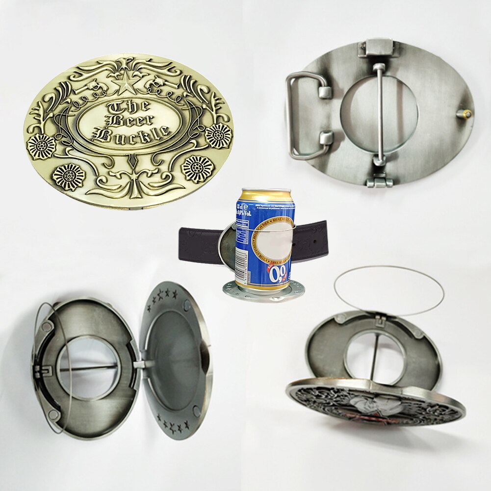Versatile men's retractable beer holder belt buckle for hands-free drinks at parties, BBQs & festivals.