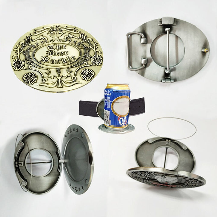 Versatile men's retractable beer holder belt buckle for hands-free drinks at parties, BBQs & festivals.