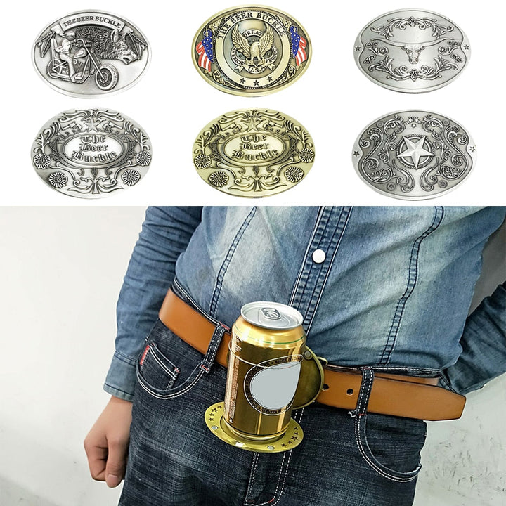 Enjoy hands-free drinks with this men's retractable beer holder belt buckle at parties & festivals.