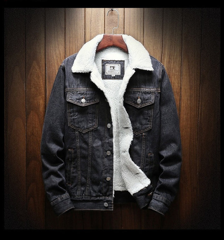 Essential men's fleece-lined retro denim jacket. A warm, stylish button-up for winter casual outerwear.