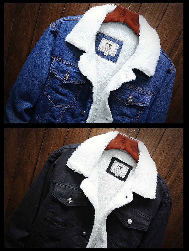 Sturdy men's denim jacket with cozy fleece lining. Retro design, great for casual winter fashion & warmth.