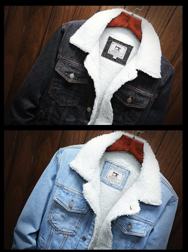 Comfortable men's fleece-lined denim jacket, retro style for winter. Warm outerwear, ideal for casual outfits.