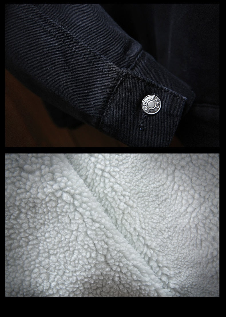Versatile men's retro denim jacket, fleece-lined for warmth. Stylish winter outerwear, great for casual layering.
