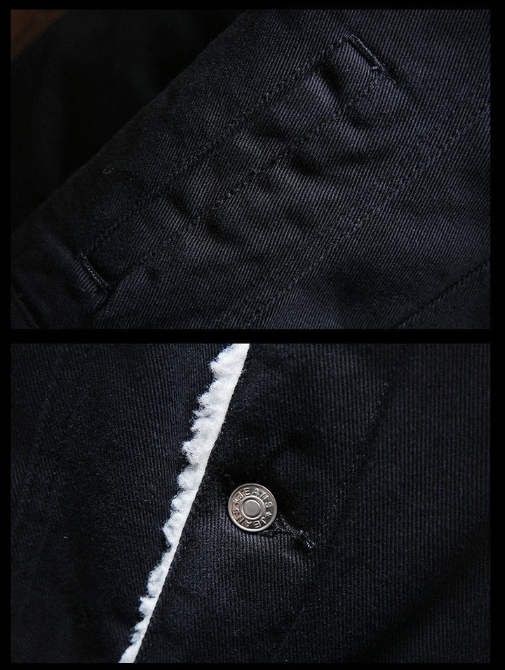 Men's button-up retro denim jacket with soft fleece lining, offering warmth & classic casual winter style.