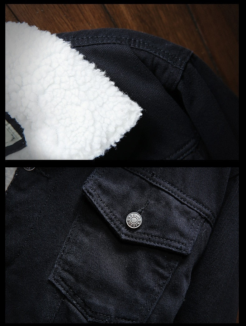 Samuel men's retro denim jacket, fleece-lined. A warm, casual button jacket for stylish winter outerwear.