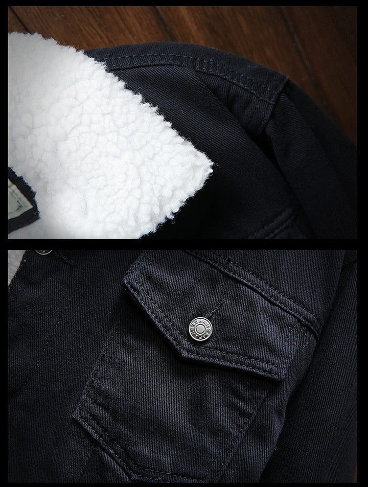 Samuel men's retro denim jacket, fleece-lined. A warm, casual button jacket for stylish winter outerwear.