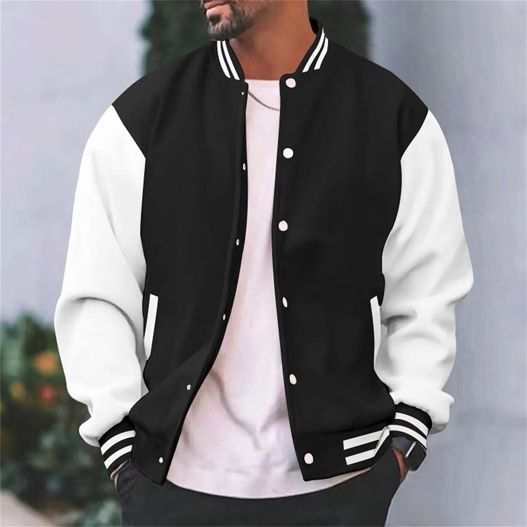 Men's retro letterman style varsity jacket in navy and white with striped cuffs and collar, front view