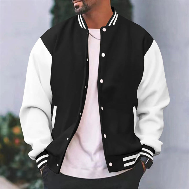 Men's retro letterman style varsity jacket in navy and white with striped cuffs and collar, front view