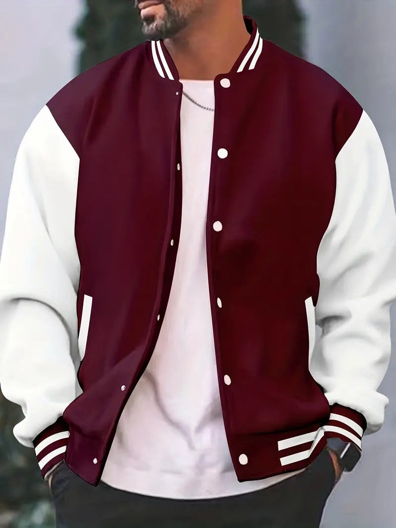 Close-up of a men's casual varsity jacket showcasing the detailed letterman patch