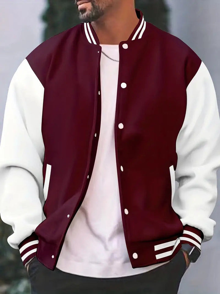Close-up of a men's casual varsity jacket showcasing the detailed letterman patch