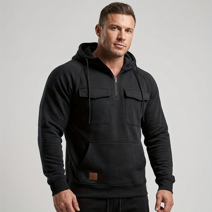 Men's retro motorcycle hoodie, full zip, rugged style, perfect for casual wear & adventure gear.
