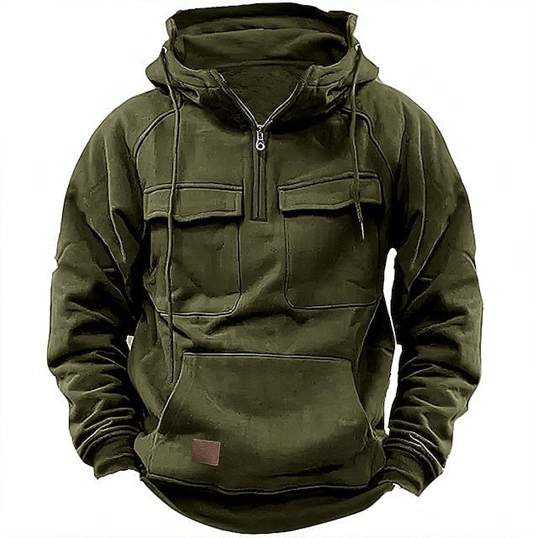 Rugged men's biker hoodie, retro style, full zip, ideal as a motorcycle jacket for adventure.