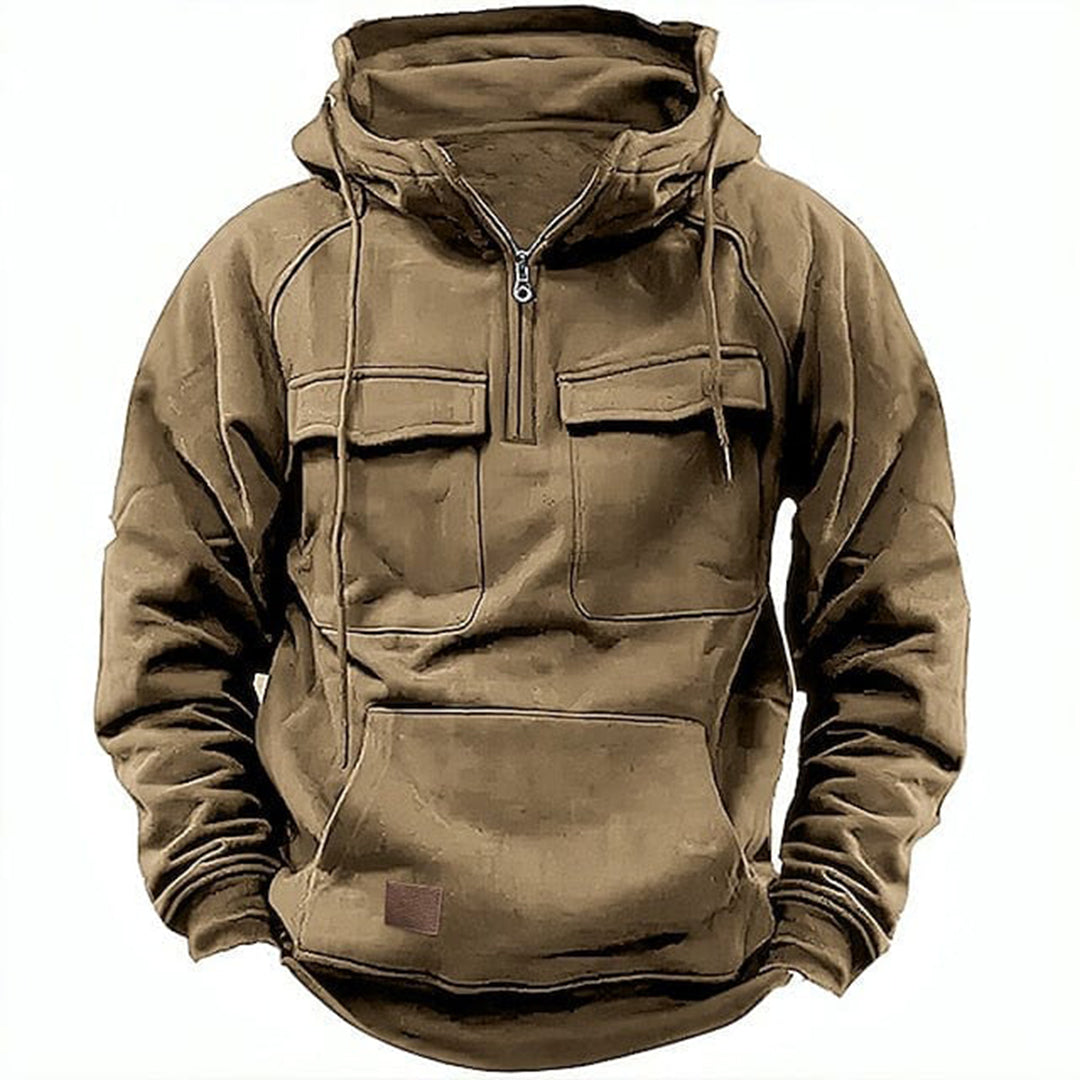Men's full zip motorcycle jacket hoodie, retro style, rugged & comfortable outerwear for bikers.