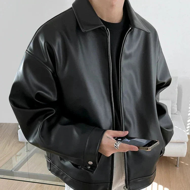 Men's Retro Oversized Bomber Jacket in classic black, perfect for a casual streetwear look. Mid-season fashion.