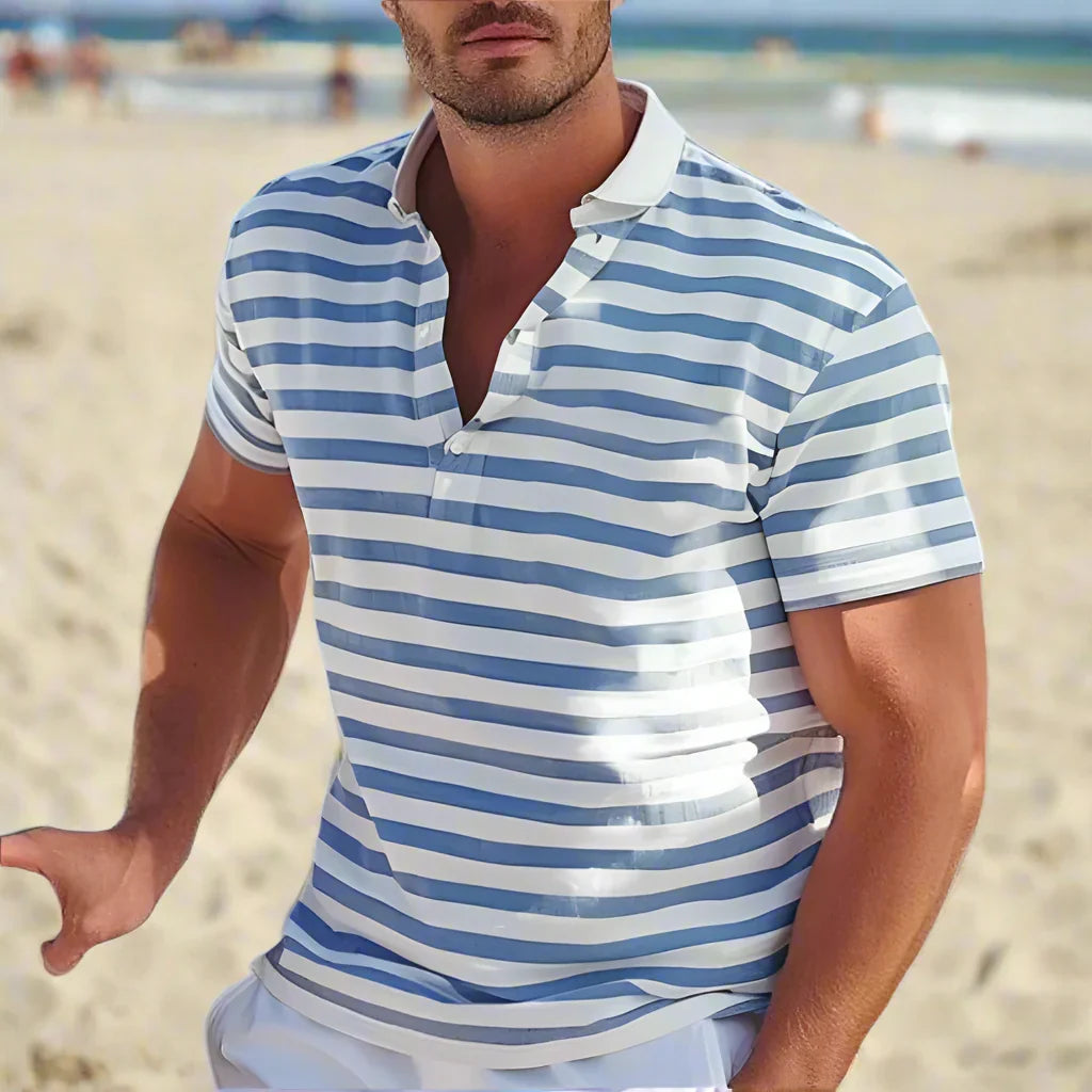 Men's retro striped polo shirt with short sleeves, classic fit. Ideal casual top for summer & everyday wear.