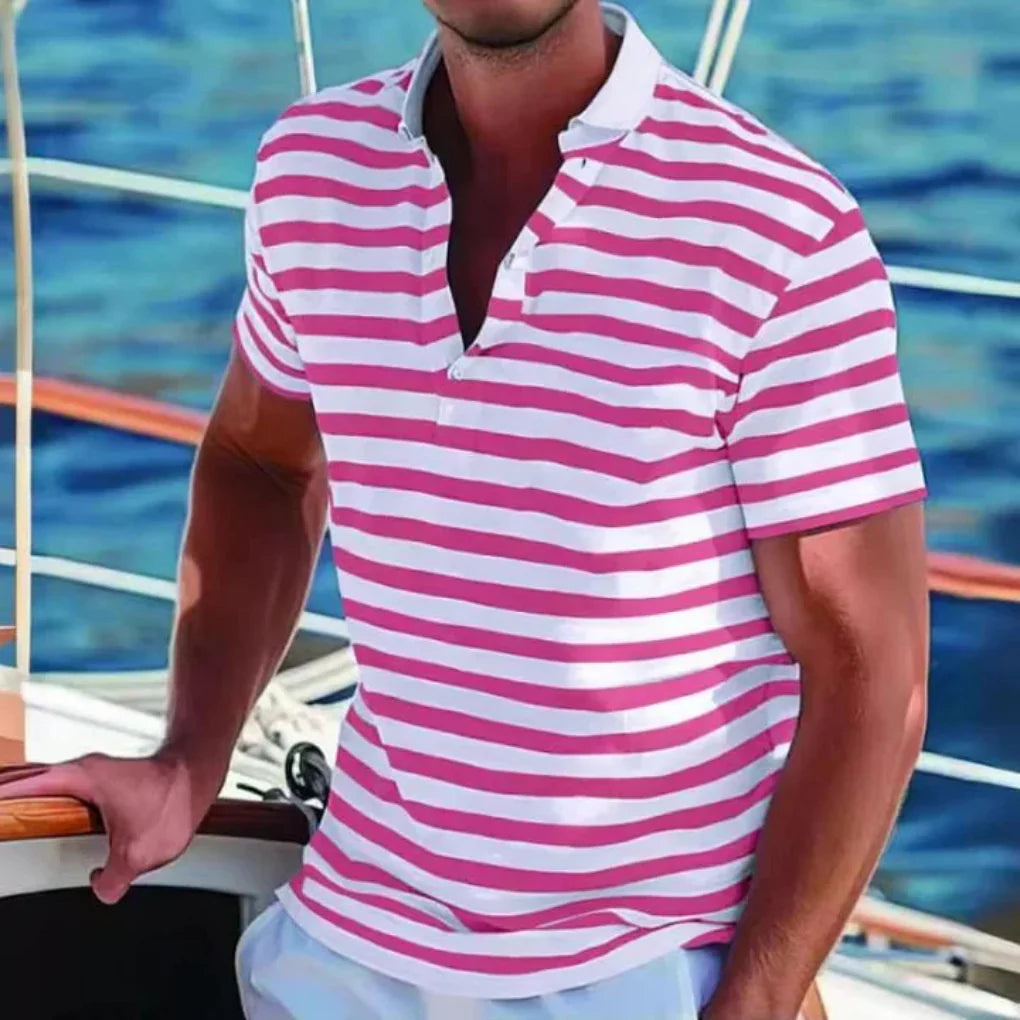 Stylish men's retro striped polo, short sleeve, perfect for a smart casual summer look and everyday fashion.