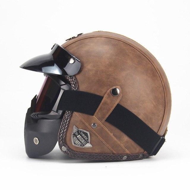 Men's open face brown motorcycle helmet. Retro vintage style with goggle mask. ABS shell biker headwear.