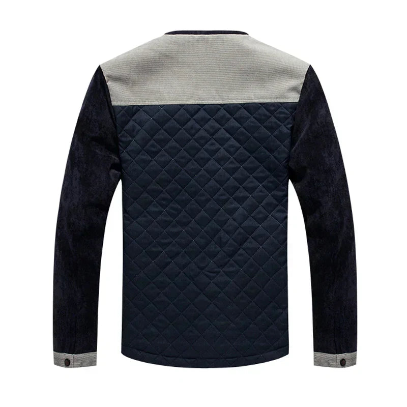 Modern retro men's windbreaker with a sharp stand-up collar, a stylish patchwork casual jacket.