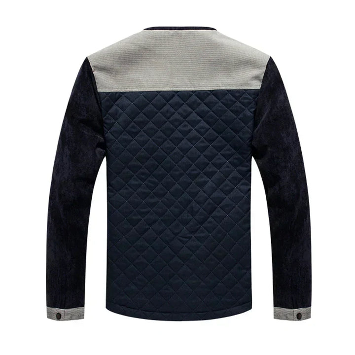 Modern retro men's windbreaker with a sharp stand-up collar, a stylish patchwork casual jacket.