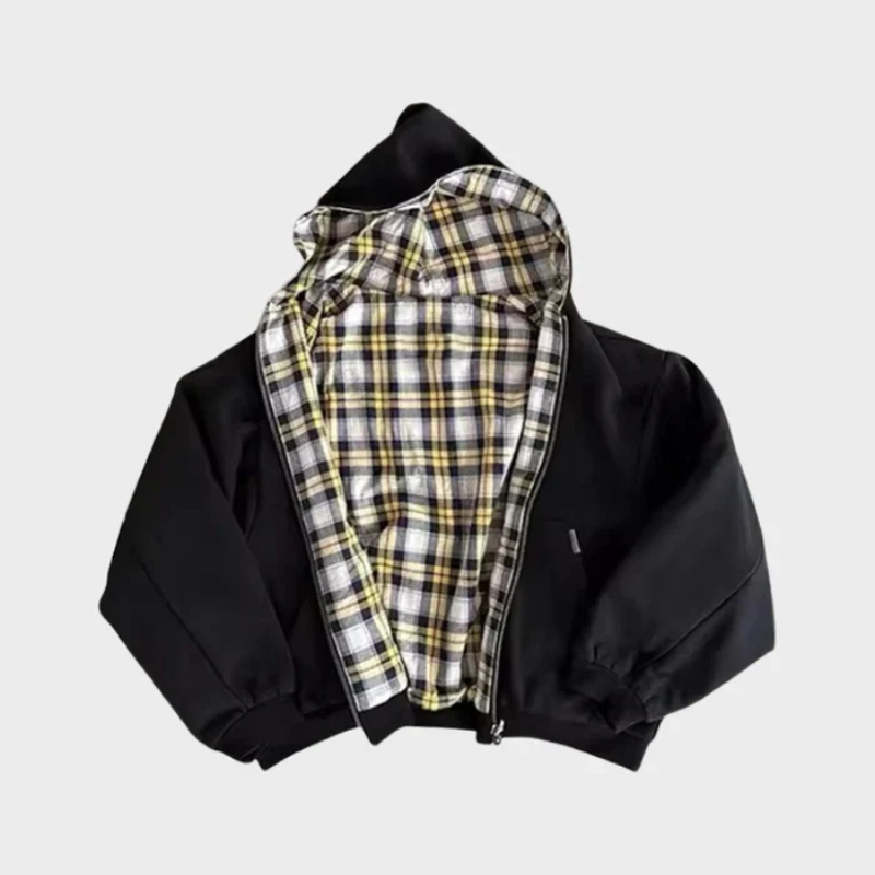 Men's reversible hoodie, oversized with dual styles in gray & red, ideal for casual streetwear.