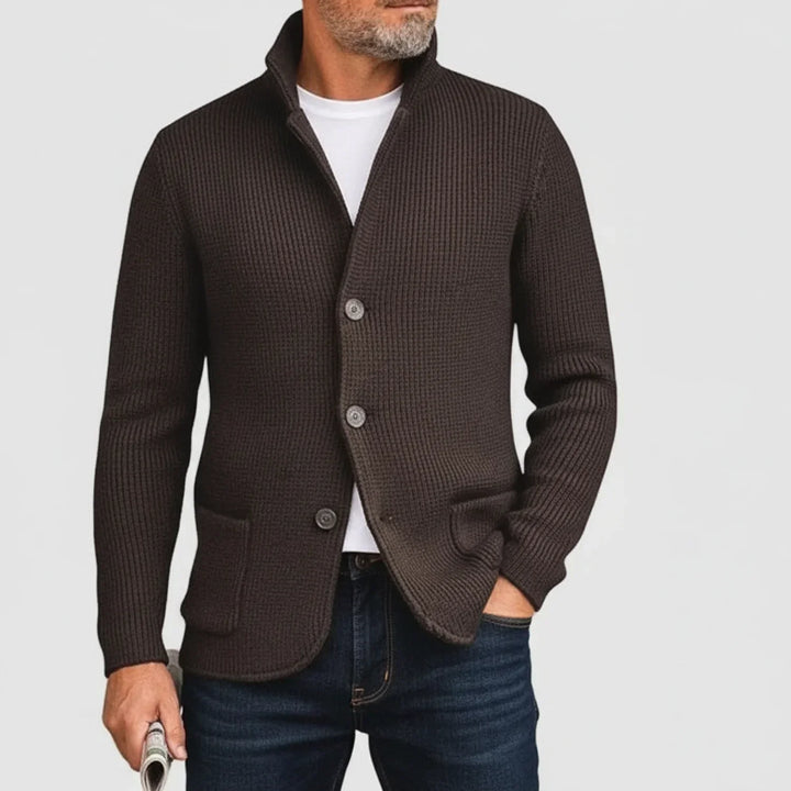Classic men's button-front ribbed sweater. Ideal for versatile layering and mens fashion.