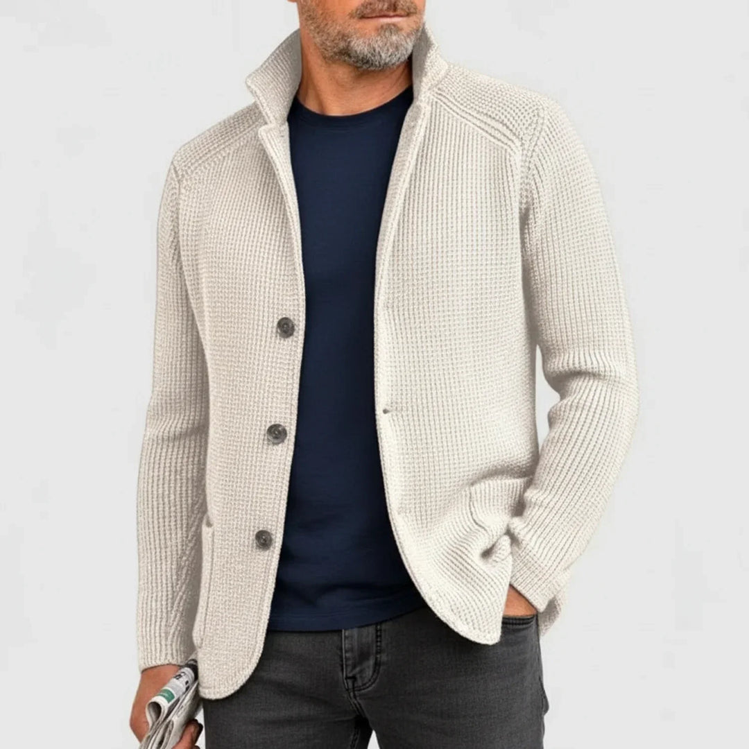 Warm men's ribbed cardigan, button-front design. Great fall sweater for winter comfort.