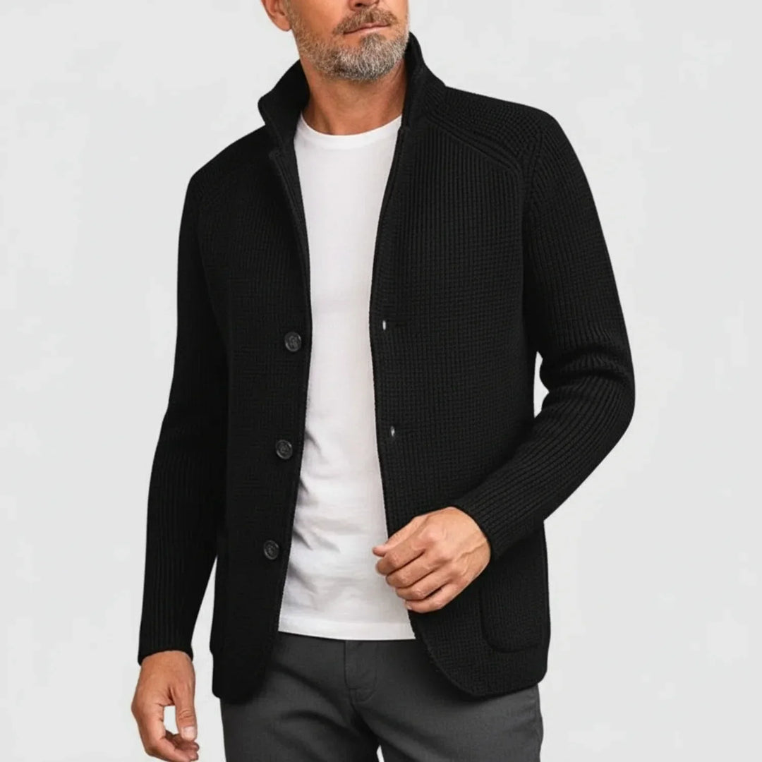 Men's ribbed cardigan sweater with buttons. Essential for fall layering & winter comfort.