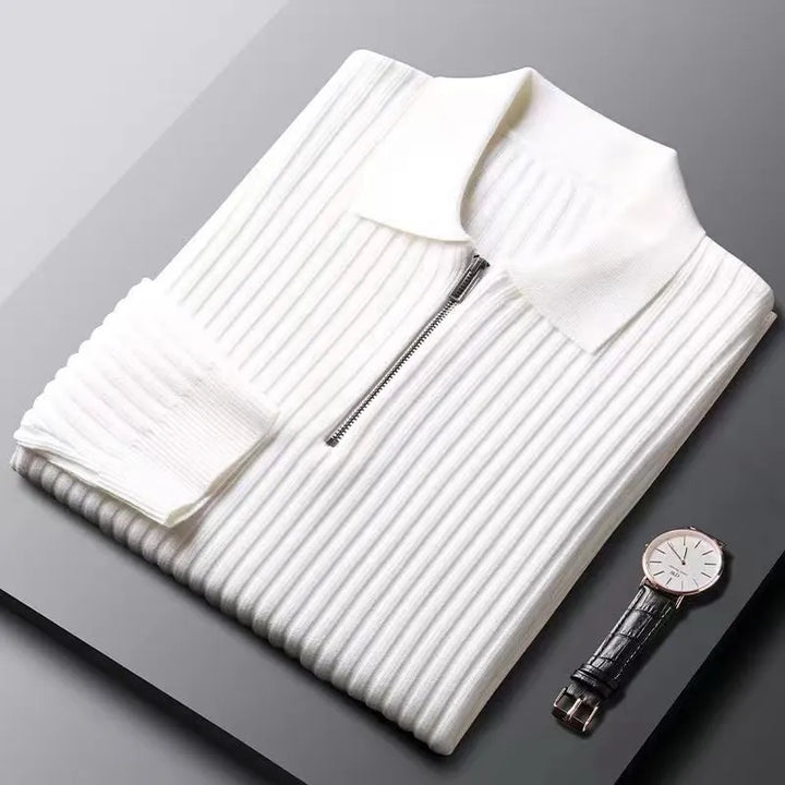 Front view of a versatile men's ribbed knit sweater with a functional zip neck, ideal for layering.