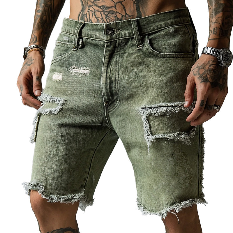 Men's ripped stretch denim shorts for summer casual wear. Distressed straight leg, five-pocket style, comfortable fit.