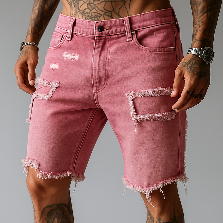 Trendy men's ripped stretch denim shorts. Versatile distressed style, comfortable straight leg for casual summer outfits.