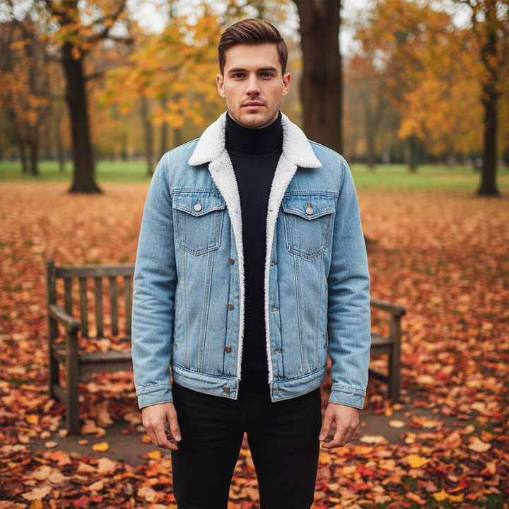 Men's rugged denim jacket with warm fleece lining, perfect for fall & winter casual outerwear.