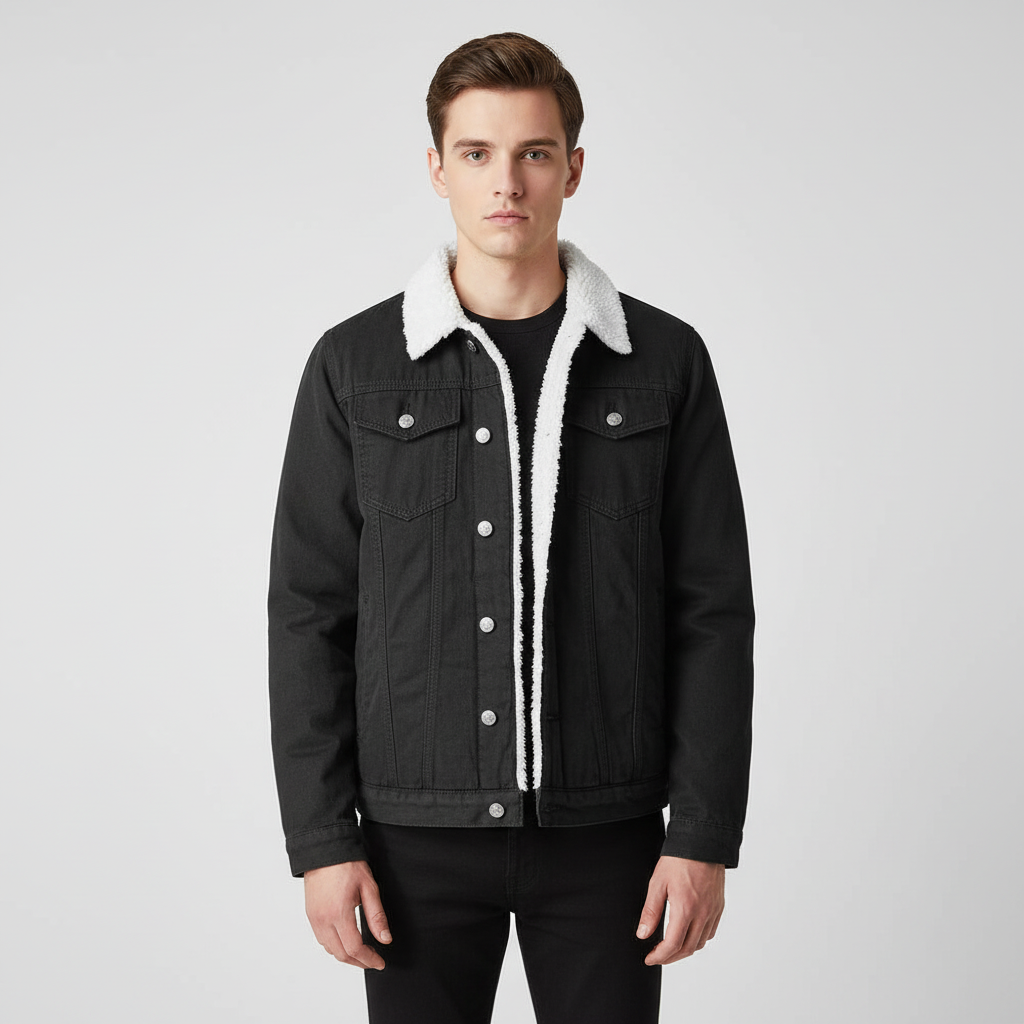 Casual men's winter jacket: blue denim exterior, warm fleece interior. Stylish, comfortable everyday wear.