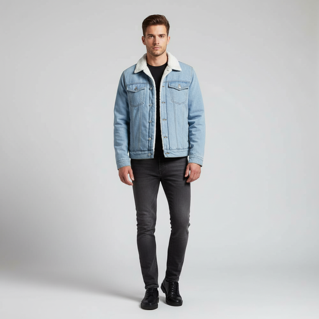 Warm & stylish men's denim jacket with cozy fleece lining. Perfect button-up outerwear for cold weather & fall.