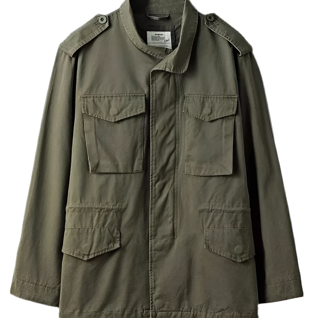 Men's rugged military jacket in olive green with multiple practical utility pockets, ideal for fall/winter outerwear.