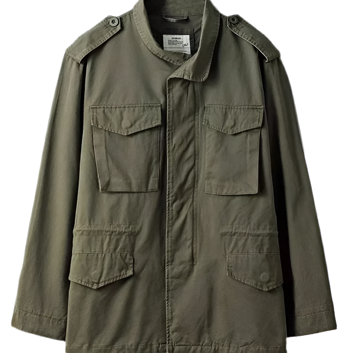 Men's rugged military jacket in olive green with multiple practical utility pockets, ideal for fall/winter outerwear.