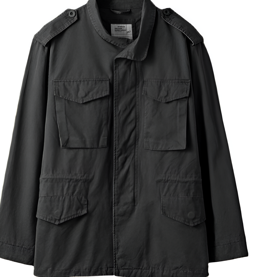 Stylish men's tactical military jacket in dark khaki, featuring practical pockets for rugged everyday casual wear.