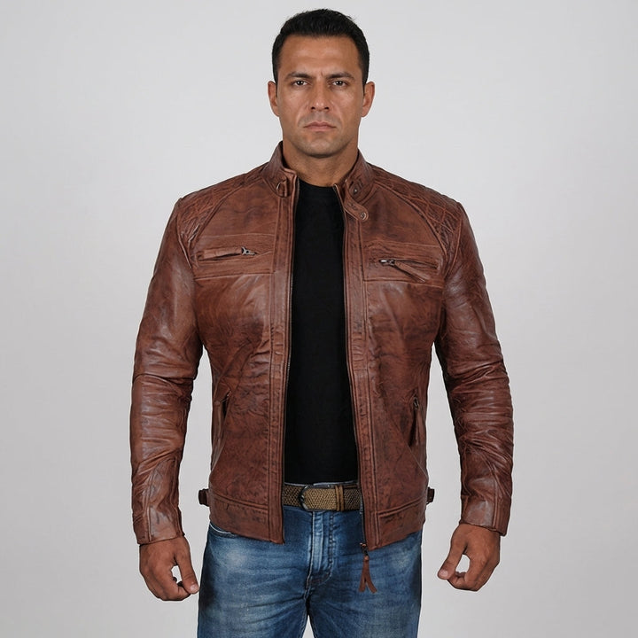 Men's rugged motorcycle jacket with secure zipper pockets, ideal for riding & casual wear.
