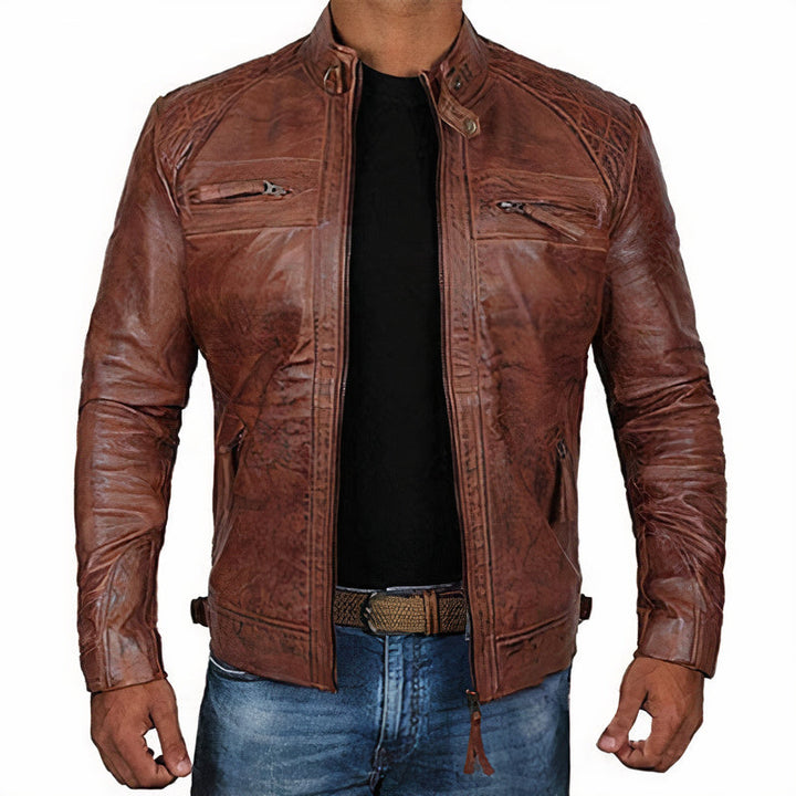 Durable men's biker jacket, rugged design & multiple secure zipper pockets for all-season adventure.