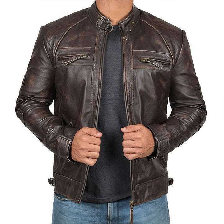 Adventure-ready men's motorcycle jacket, rugged and durable, with secure zipper pockets for riders.