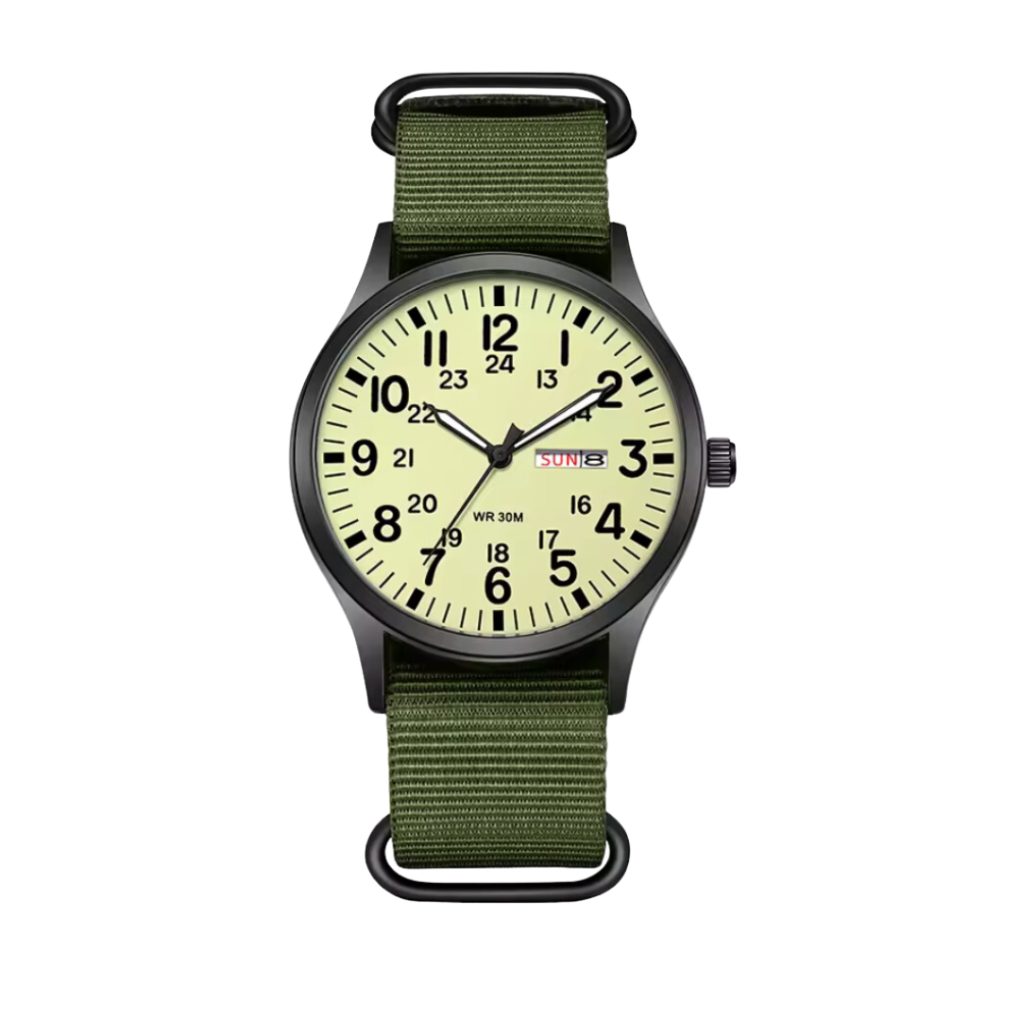 Green men's rugged military watch. Durable tactical outdoor timepiece for hiking, camping & adventure. Waterproof.