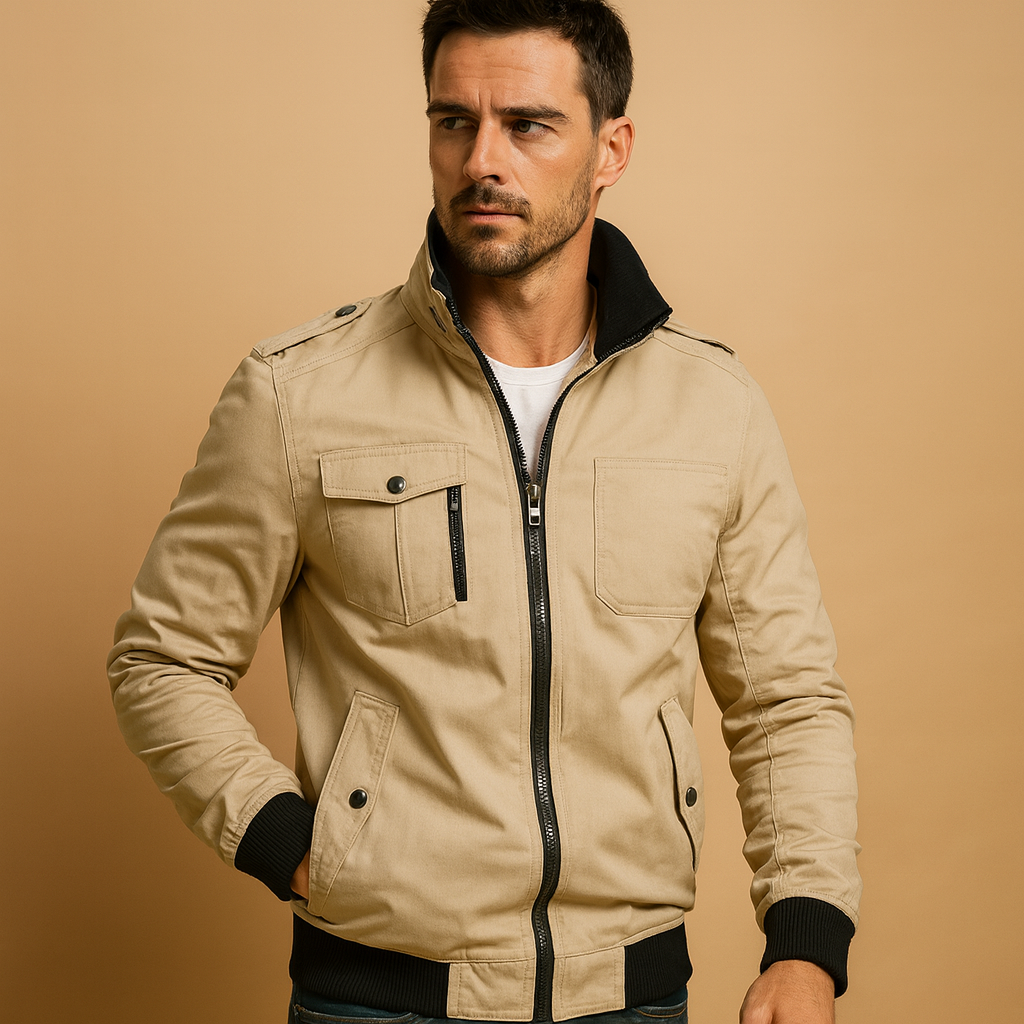 Men's tactical bomber jacket, ideal for outdoor adventures & urban fashion. Rugged, stylish, multi-pocket design.