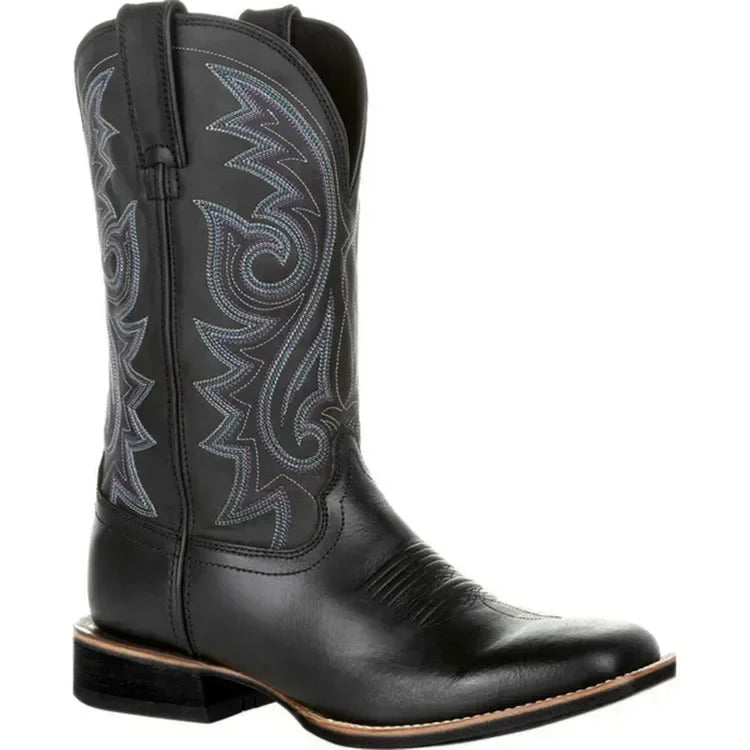 Men's rugged western square toe cowboy boots, mid-calf, durable for all-day comfort.