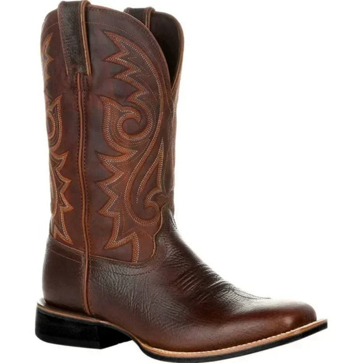 Classic men's western boots with square toe & unique totem design, perfect for rugged fashion.